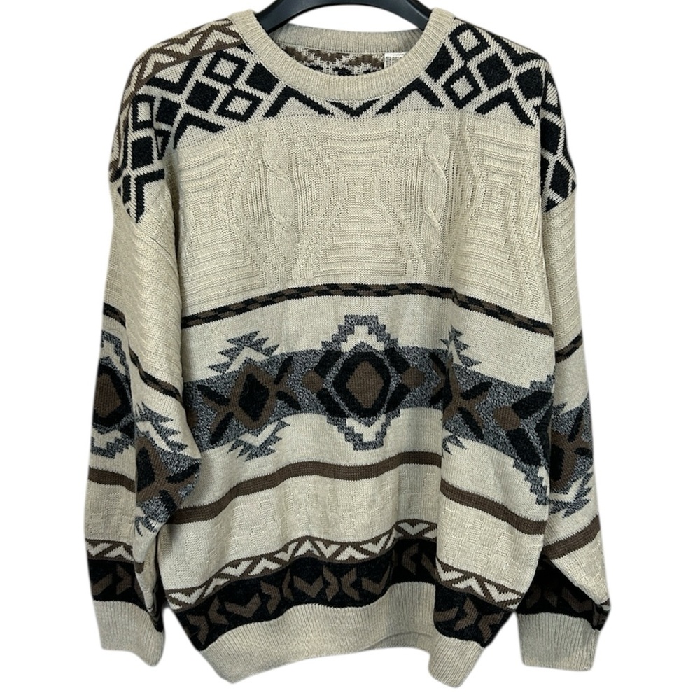 Vintage Mens Sweater 90s Geometric Aztec Knit Large Beige Brown Black Wool Blend